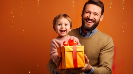 Fototapeta na wymiar cute happy kid giving present to his father