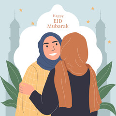 Two muslim women hugging and wishing happy Eid Mubarak vector illustration