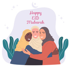 Three young hijab women hugging with Eid Mubarak background illustration