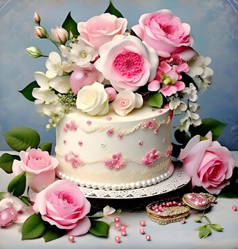 wedding doll cake, love couple ,engagement party cake, teddy bear on wedding cake. generative Ai