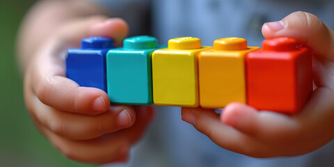 Little kid's hands as joyfully plays with a colorful set of building blocks