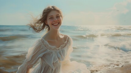 Fototapeta na wymiar Joyful girl in a dress walks on the beach 