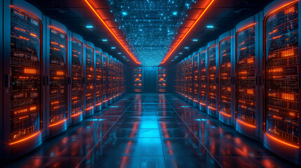 Rows of servers standing tall like sentinels in room of radiant technology