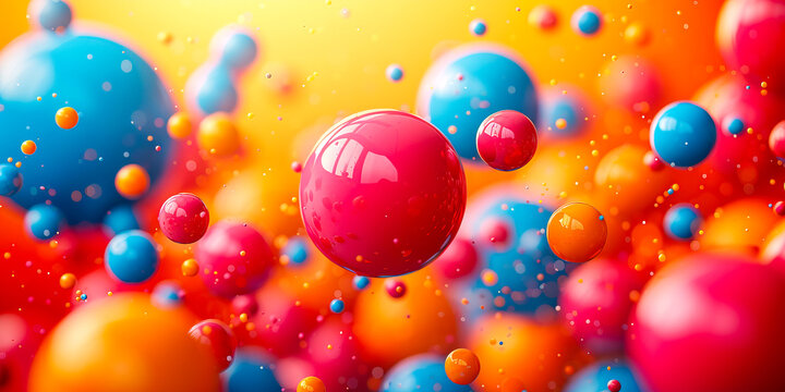 Abstract vivid colors wallpaper with floating jumping balls and spheres. 3d render style.