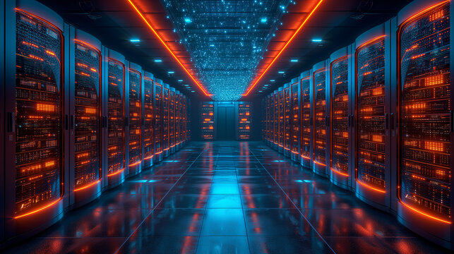 Rows of servers standing tall like sentinels in room of radiant technology