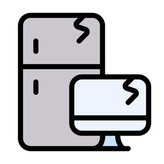 Broken electronic device icon with flat color and outline style