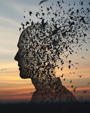 Silhouette of a person with birds in her head. Silhouette of a person morphing into a murmuration of birds, each feathered form representing the freedom of escape. 