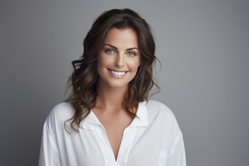 Caucasian woman, dressed in tranquil pajamas adorned with simple patterns, radiates a calm smile against the backdrop of a plain background setting. Generative AI.