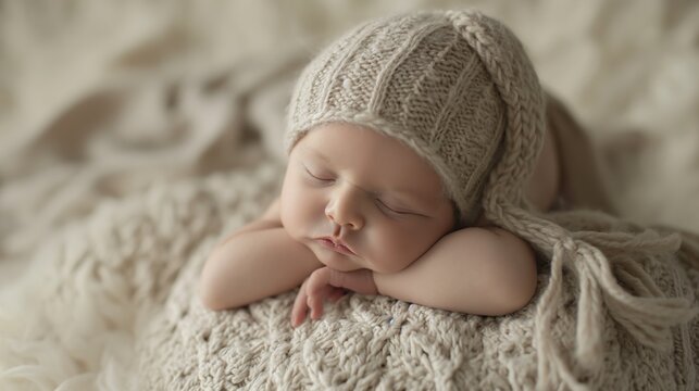 Baby sleeps on a knitted blanket
