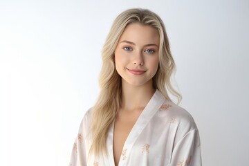 Fototapeta premium Dressed in serene white pajamas adorned with Normal motifs, a Caucasian woman stands against a plain background, her serene smile lighting up the scene. Generative AI.