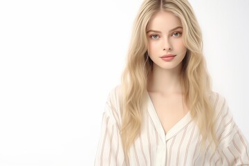 Naklejka premium Dressed in serene white pajamas adorned with Normal motifs, a Caucasian woman stands against a plain background, her serene smile lighting up the scene. Generative AI.