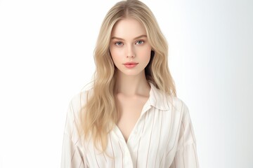 Naklejka premium Dressed in serene white pajamas adorned with Normal motifs, a Caucasian woman stands against a plain background, her serene smile lighting up the scene. Generative AI.