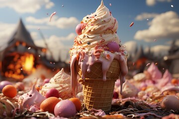 Creamy ice cream in a cone. 3 d illustration