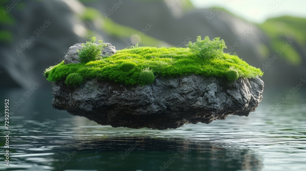 Poster Flying paradise rock floating island isolated on a green grass field. Surreal 3D rendering of float stone land isolated on an abstract background. Flying paradise rock with grass lawn, empty field,
