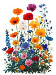 Vibrant collection of wildflowers, featuring a variety of colors and species, artfully arranged and isolated on a white backdrop