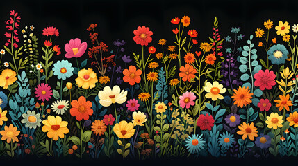 An artistic representation of a diverse collection of colorful wildflowers blooms vibrantly against a contrasting dark backdrop