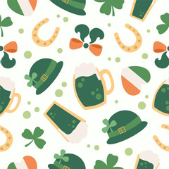 Saint Patrick's Day celebration seamless pattern with national Irish holiday symbols,  green beer, hat, national flag and clovers. Vector illustration, wrapping paper design.