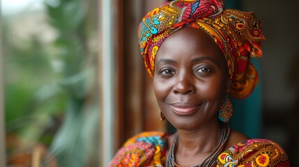 Beautiful african woman smiling while looking at camera. Mature woman holding a traditional african headscarf. Cheerful mature woman standing near the window.
