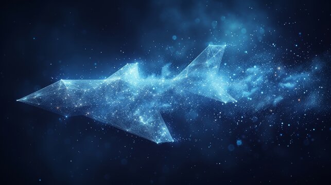 Detailed paper airplane. Low poly wireframe mesh looks like constellation on dark blue background. Stardust trail effect. Travel, freedom and aviation illustration idea.