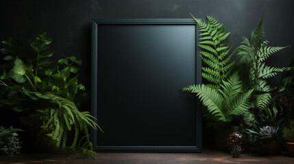a black frame with a fern plant and potted plants