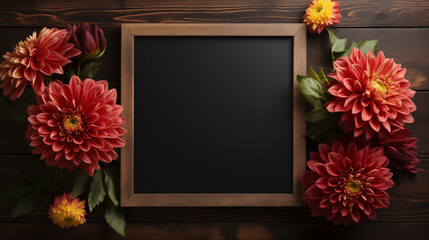 a blank blackboard with flowers on wooden background