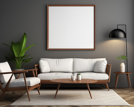 Minimalist Styling in 3D Room with Furniture Mockup and Empty Frame