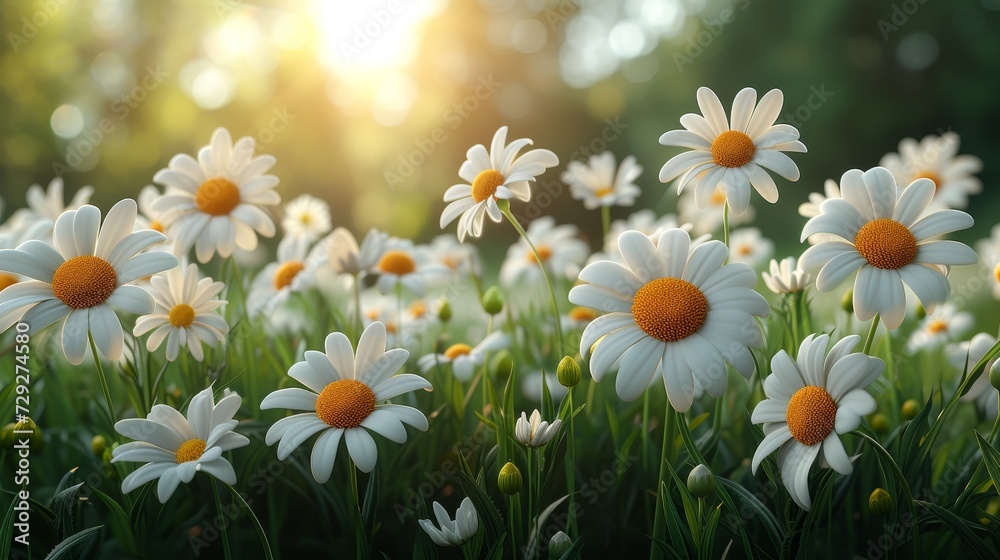 Poster The image shows a daisy on a sunny green spring meadow with a luminous background blurred with bokeh and a shallow depth of field. The image can be viewed horizontally and with room for text.