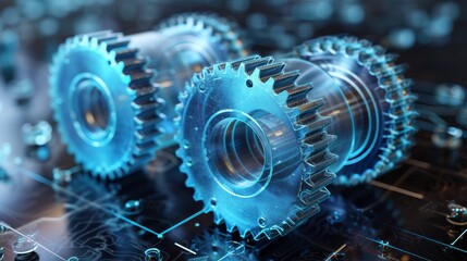 Modern abstract vector wireframe gear illustration on dark blue background. Industrial development, engine work, business solution concept.