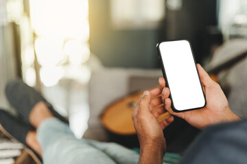 cell phone blank white screen mockup.hand holding texting using mobile on desk at office.background empty space for advertise.work people contact marketing business,technology