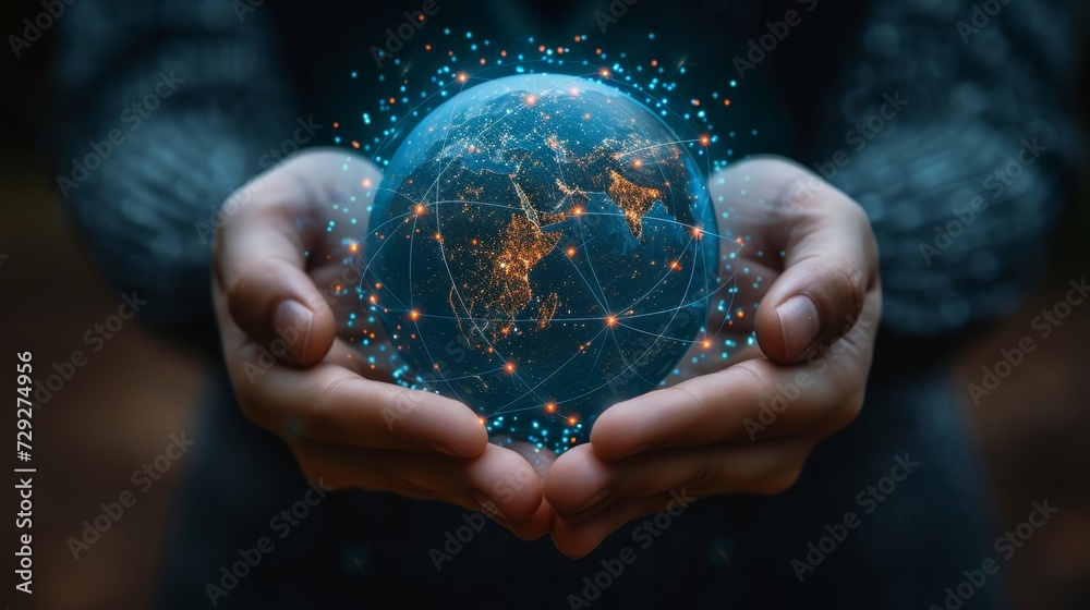Aufkleber a businessman holds the metaverse universe, a growing night-time earth, and an online network connec