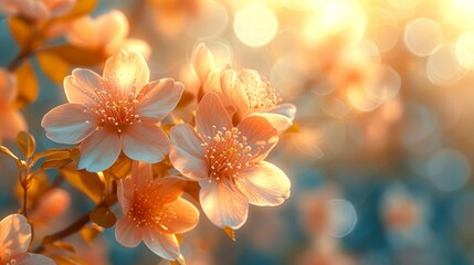 Background with blossoming trees and sun flare. Sunny day. Spring flowers. Beautiful orchard. Abstract blurred background. Springtime. - obrazy, fototapety, plakaty
