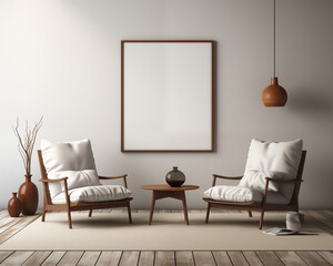 Minimalist Styling in 3D Room with Furniture Mockup and Empty Frame