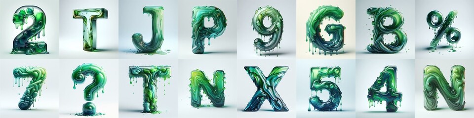 Green glass 3D Lettering Typeface. AI generated illustration