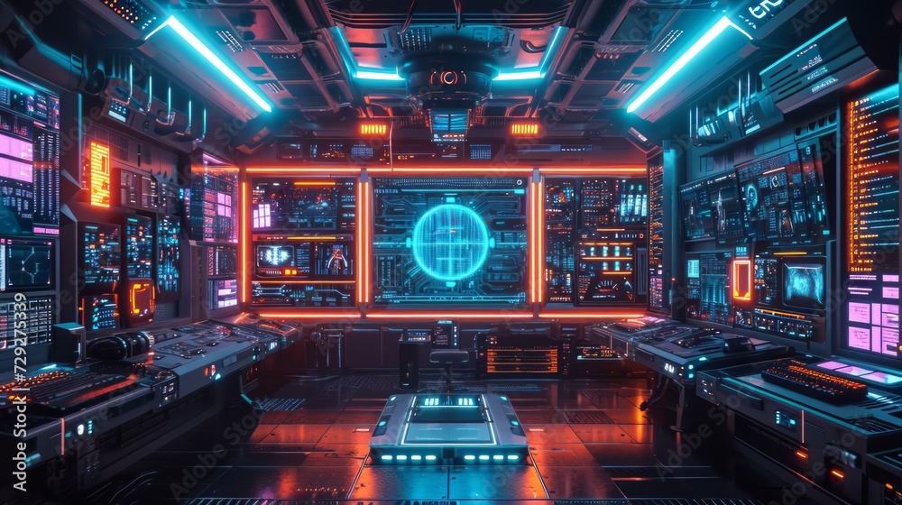 Poster Tech-themed event backdrop with futuristic elements, neon lights, and digital displays, ideal for gaming or tech-related streams Generative AI