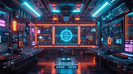 Tech-themed event backdrop with futuristic elements, neon lights, and digital displays, ideal for gaming or tech-related streams Generative AI