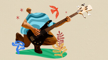 Excited young ma playing electric guitar against pastel background. Contemporary art collage. Concept of music festival, creativity and inspiration. Template for music event posters. Modern aesthetics