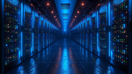 The elegance of data storage: server racks emitting calming, blue radiance