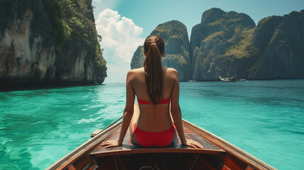 Beautiful woman on long tail boat. 