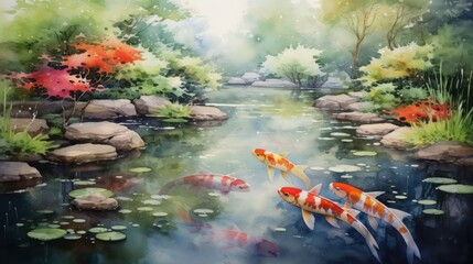 Obraz na płótnie Canvas Tranquil Japanese gardens with koi ponds. aquarelle Generative AI