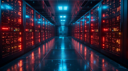 The future of data storage unveiled: server racks with ethereal glow