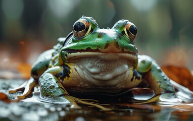 A close-up of a green and blue frog with distinctive orange eyes, sitting on a wet surface with water droplets visible, against a blurred background.