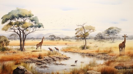 Vast savannas with roaming wildlife. aquarelle Generative AI