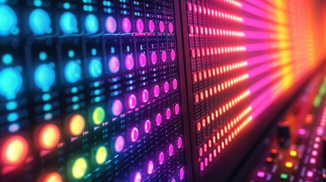 Vibrant equalizer panel with a multitude of pulsating LED lights, visually representing sound frequencies with vivid and dynamic illumination Generative AI
