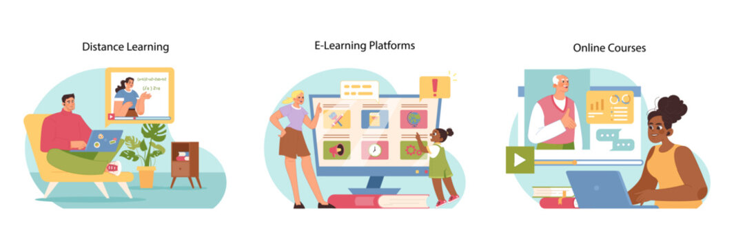 Modern education set. Various people study. Engaging scenes of distance learning, e-learning platforms, and online courses, illustrating versatility of contemporary education. Flat vector illustration