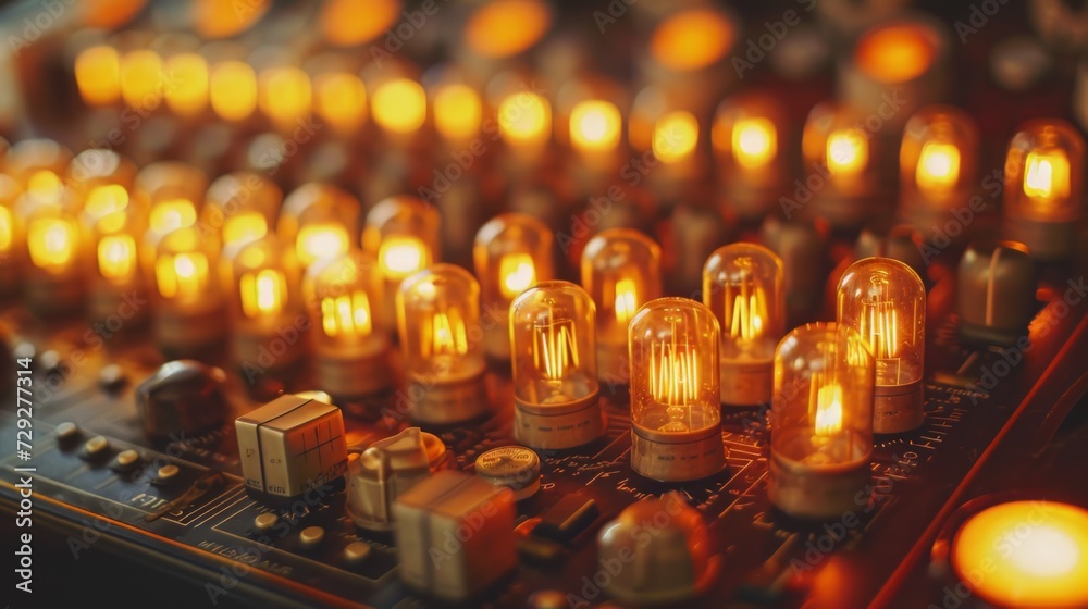 Leinwandbilder vintage audio recorder embellished with cascading rows of shimmering light bulbs, radiating a nostal