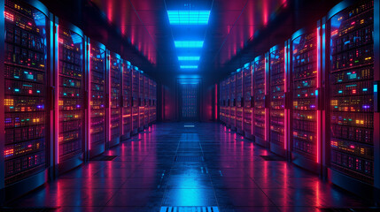 Rows of servers symbolizing forefront of information storage technology