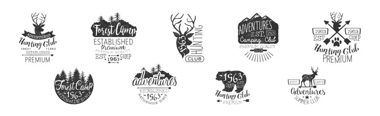 Hunting Club and Forest Camp Adventure Label Vector Set