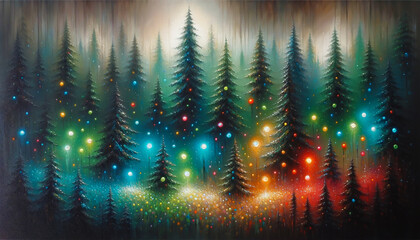 Fototapeta na wymiar Painting of a Forest Illuminated by Christmas Lights