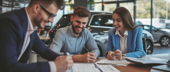 Customers in a car dealership, signing joyful agreements, with a sense of accomplishment and satisfaction
