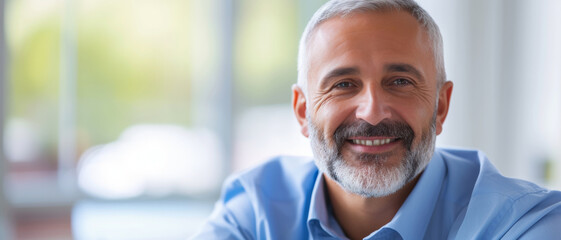 Affable silver-haired man with an engaging smile, radiating warmth and approachability